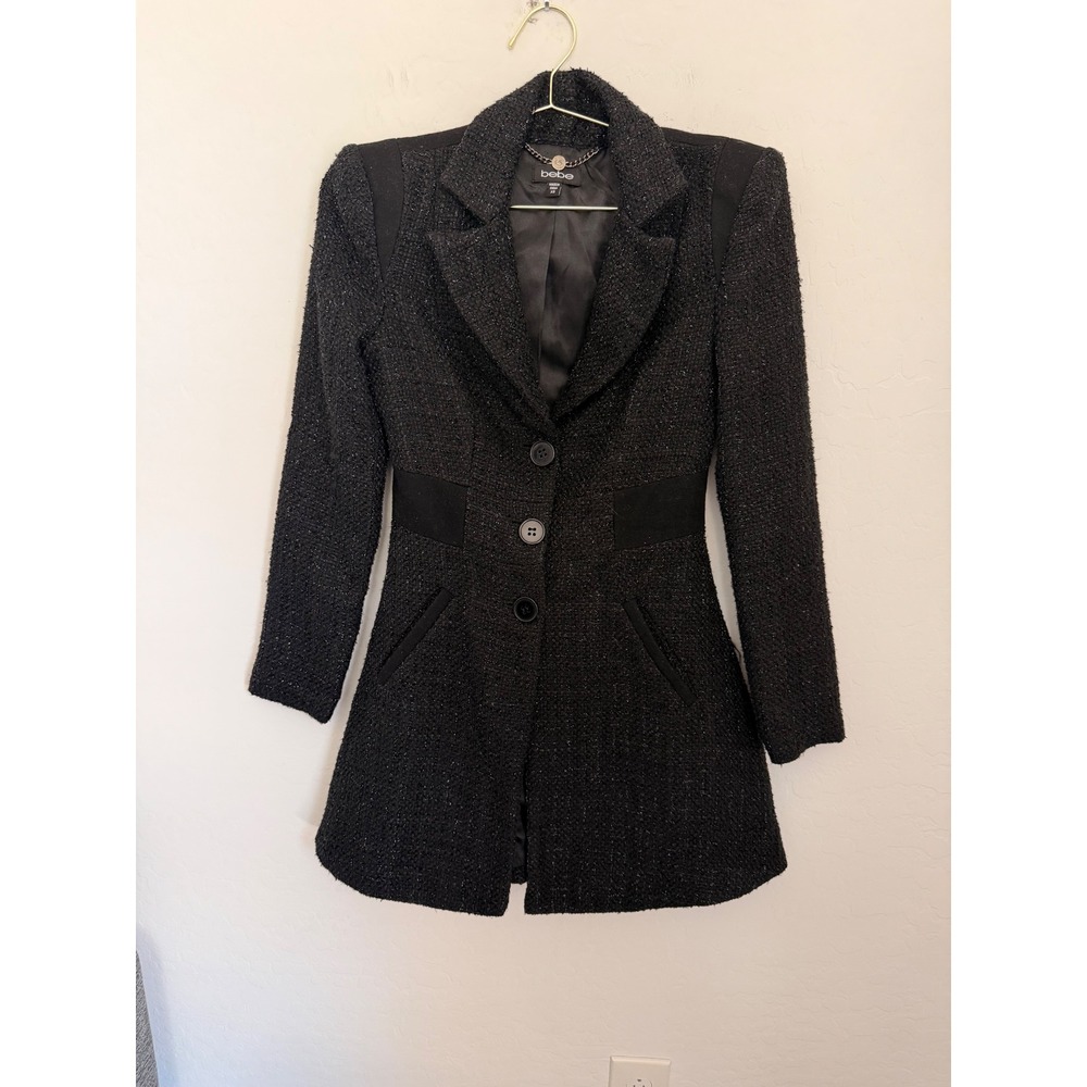 BEBE Womens y2k Vintage Metallic Boucle Tweed Longline Front Coat XS Jacket
